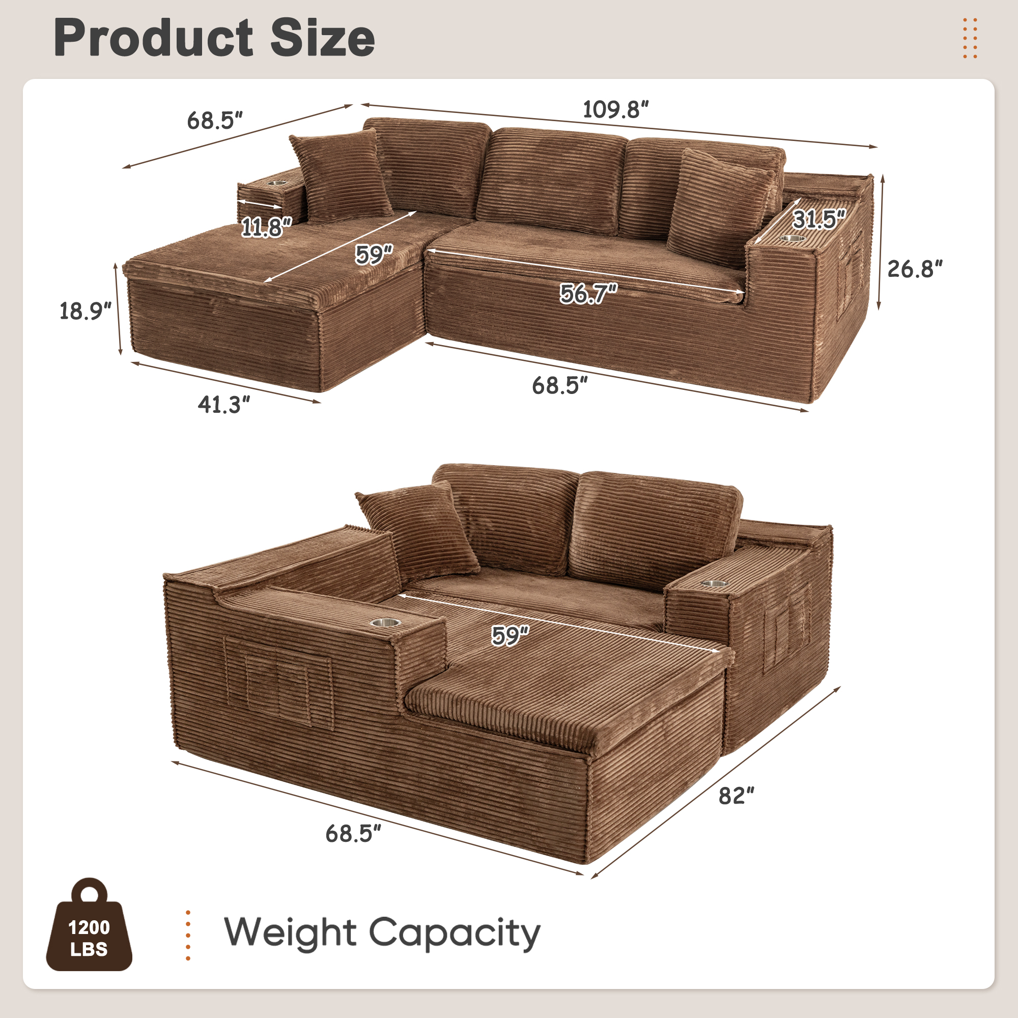 Homall 109" L-Shape Memory Foam Modular Sectional Sofa 3 Seat Oversized Upholstered Deep Seat Sofa Couch for Living Room,Bedroom and Apartment,Brown