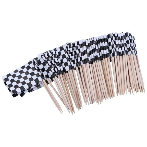 Pack of 100 Racing Flag Toothpicks Checkered Flag Picks Appetizer Toothpicks Fruit Sticks for Cocktail Party - Black and White