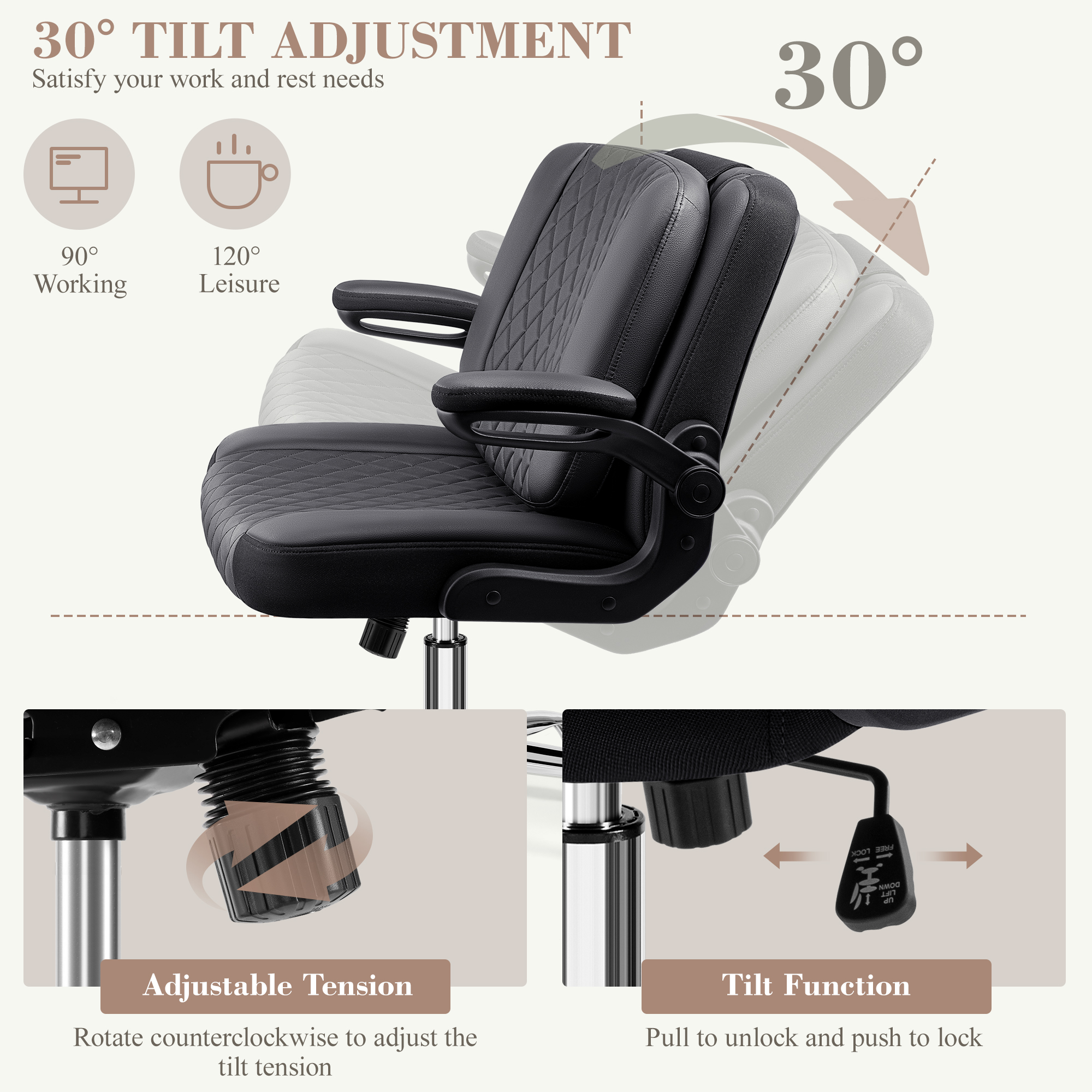 Primy Criss Cross Office Chair with 2-in-1 Flip Backrest, Ergonomic PU Leather Floor Sitting Chair, 360° Swivel Flip-Up Arms, Extra-Wide Seat