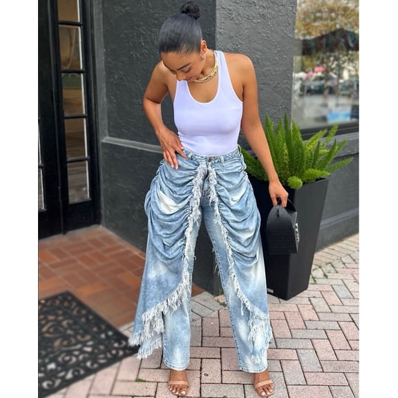 Ruched and Frayed Denim Pants