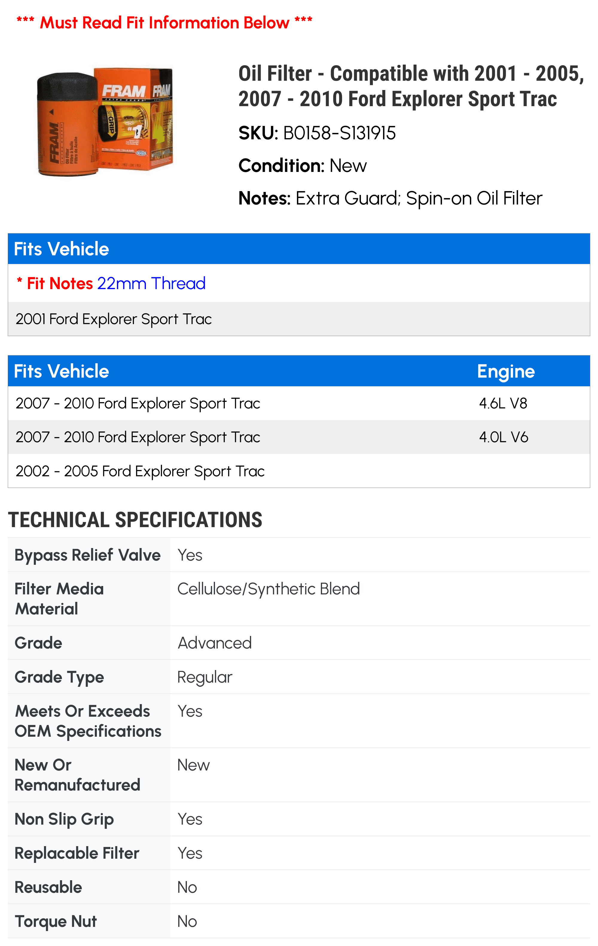 FRAM Extra Guard PH3614 Motor Spin-On Oil Filter Fits Ford