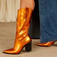 thumbnail image 4 of FSJ Women Pointed Toe Embroidered Mid Calf Boots Side Zipper Stacked Chunky High Heels Comfortable Outdoor Cowboy Boots Size 8.5 Orange, 4 of 5