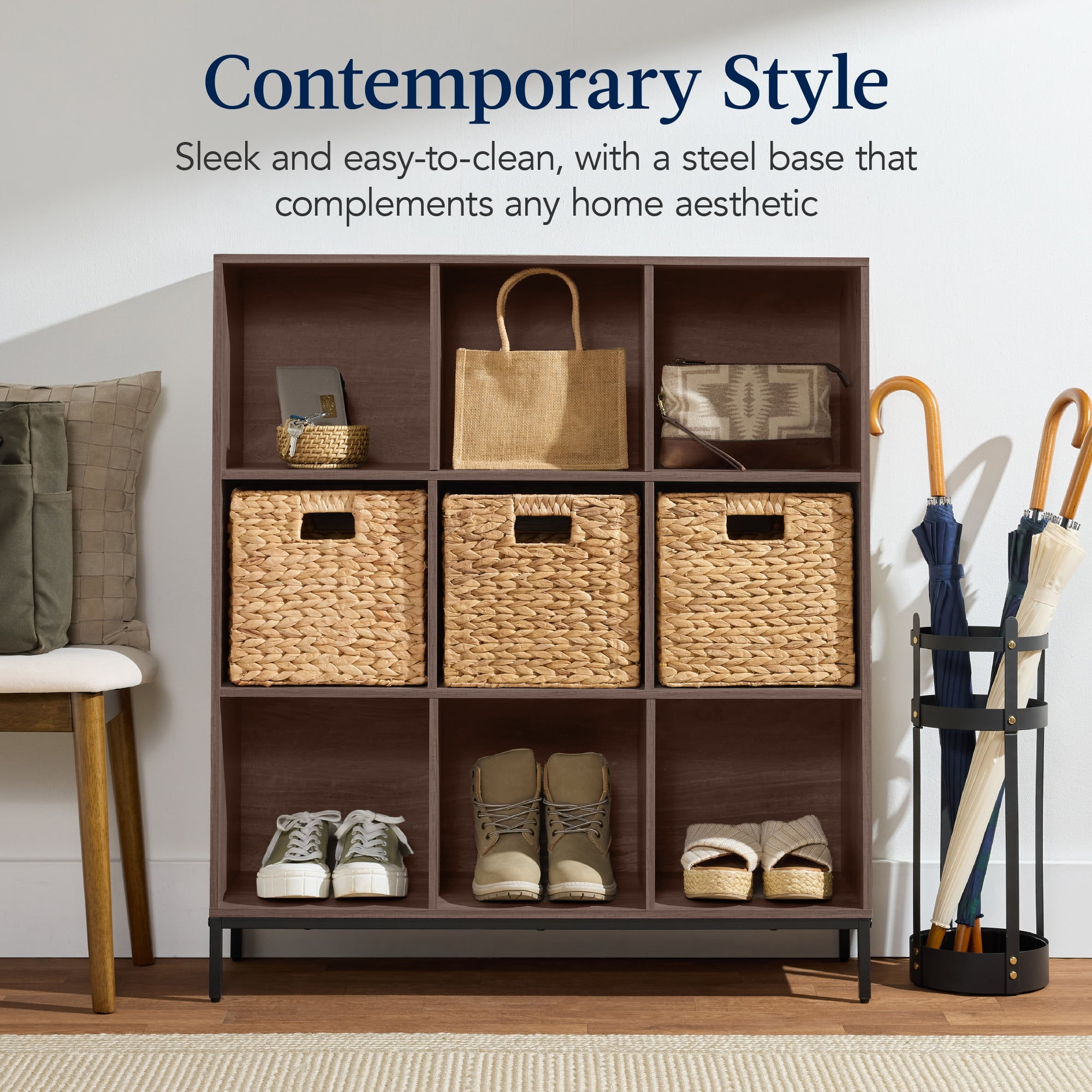 Best Choice Products Elevated 9-Cube Storage Organizer, 11in Shelf, Bookcase, Display Shelf, w/ Metal Legs  Walnut