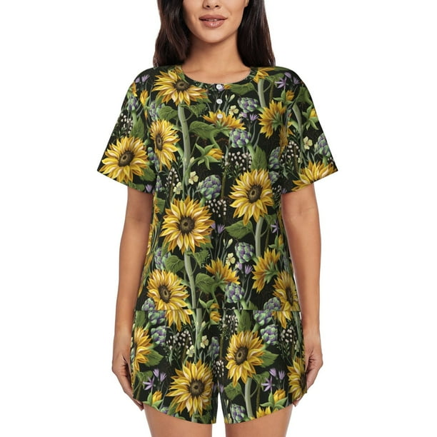 Balery Sunflowers Conjunto de Pijama para Mujer con Estampado, Dos Piezas de Manga Corta y Shorts, Ropa de Dormir Suave con Cuello Redondo y Bolsillos-Medium