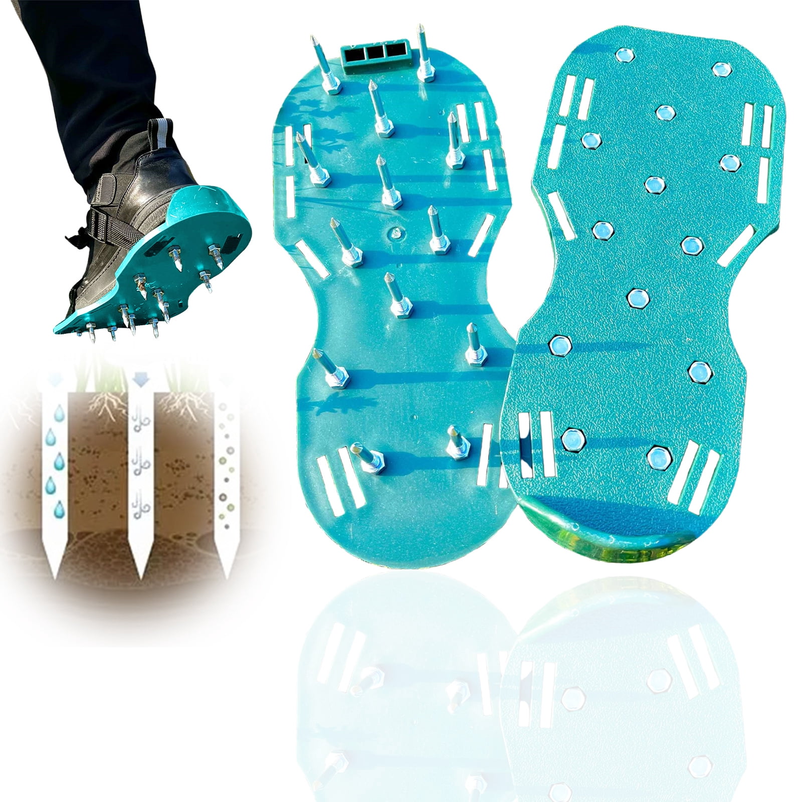 Xinyat Lawn Aerator Shoes Garden Soil Loosening Shoes Green Nail Shoes, Nail Length 4.2cm 29x13 cm, Yard Tool with Hook & Loop Straps for Effectively Aerating Soil, One Size Free Installation