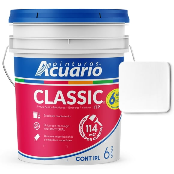 Pintura Acrílica Modificada Exteriores Interiores ITP Pinturas Acuario Classic 6 Años 19 Litros Blanco Mate