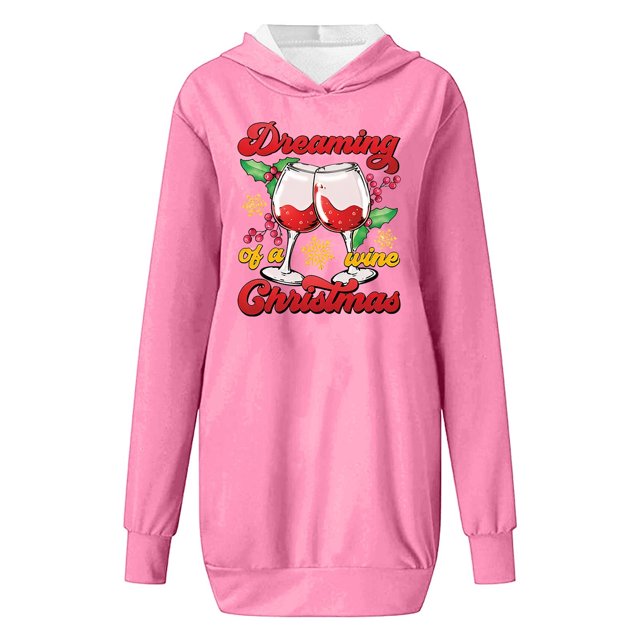WEAIXIMIUNG Chandails en Molleton pour Femmes Décontracté Col Rond Poche Imprimé Verre de Noël Chandail à Capuchon