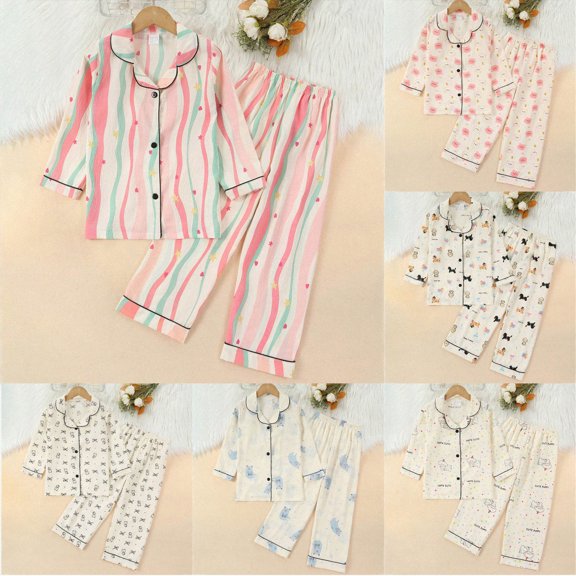 Childrens Pajama Long Sleeved Button Home Clothes Cute Cartoon Pattern Pajama Set 6 12 24 Months 1T 2T 3T 4T 5T 6T Children Black,3-4 Years