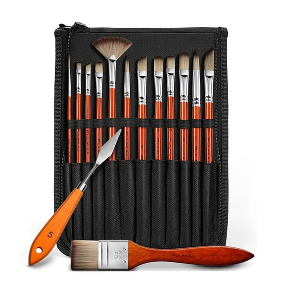 14pcs Acrylic Paint Brushes, Professional Synthetic Bristles Paint Brush Set with Extra Palette Knife - Flat, Filbert, Fan, Dagger, Round, Angle, Rigger Paint Brushes for Oil, Acrylic