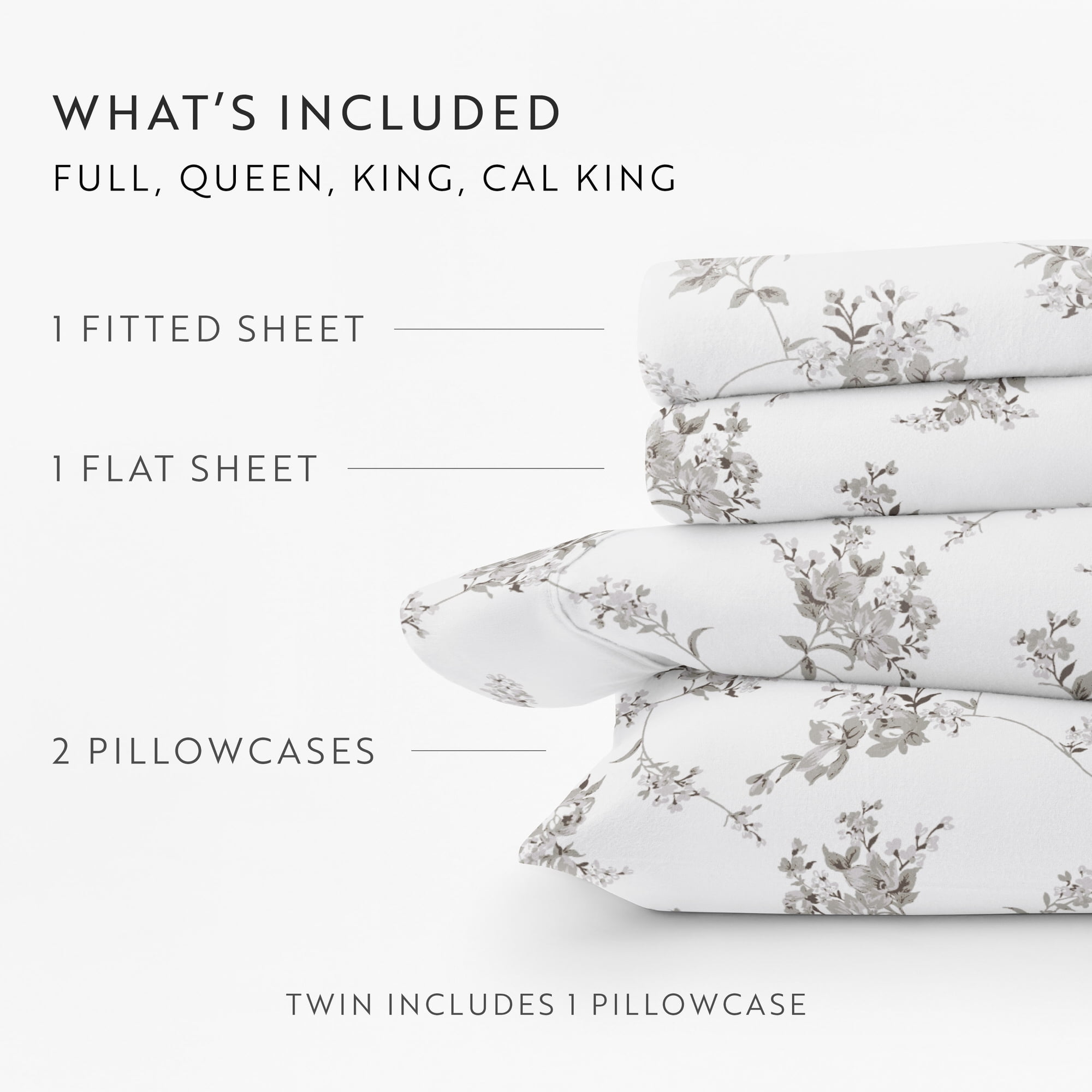 Gray Sylvan Rose 4 Piece 100% Cotton Flannel Deep Pocket Sheet Set, Full, by Noble Linens