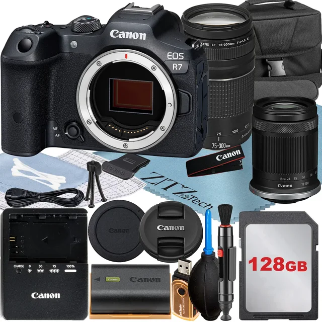 Canon EOS R7 Appareil Photo Sans Miroir avec Objectif 18-150mm + 75-300mm + Carte Mémoire 128 Go + Étui + Ensemble d'Accessoires ZeeTech