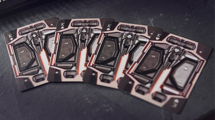 Bicycle Evolution 2.0 Playing Cards, Poker Size Custom Index, Cyber Metallic Red/White/Grey Back Design, Includes Gaff & Jokers, Premium USPCC Deck for Cardists, Magicians & Collectors