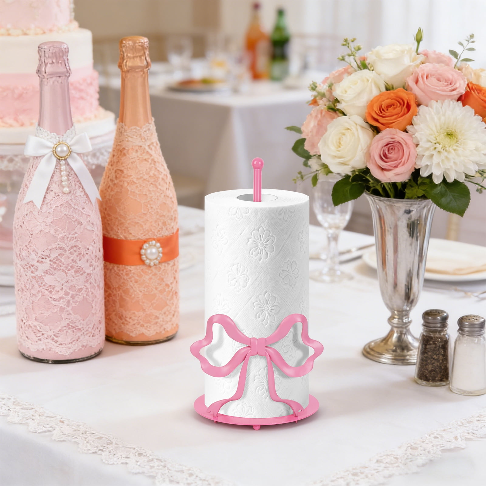 Wanchiy Pink Bow Paper Towel Holder, Countertop Paper Towel Rack for Bathroom, Dining Table & Home Décor,Decorative Kitchen Tissue Stand,Housewarming Gift