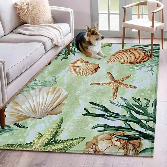 Sage Green Coastal Area Rug 3x5 Washable Rug Non Slip Summer Ocean Starfish Shell Large Area Rug Indoor Floor Carpet for Entryway Bedroom Kitchen Living Room Home Office Dining Room Nursery