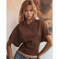 thumbnail image 3 of T-shirts pour Femmes à Col Rond, Taille Resserrée, T-Shirt Décontracté à Manches Courtes, Hauts d'Entraînement, Couleur Unie, T-Shirts Basiques, Brun, P, 3 of 5