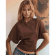 thumbnail image 3 of Camisetas para Mujer, Cuello Redondo, Cintura Ajustada, Informal, Corta, para Entrenamiento, Color Liso, Básicas, Marrón, Talla S, 3 of 5