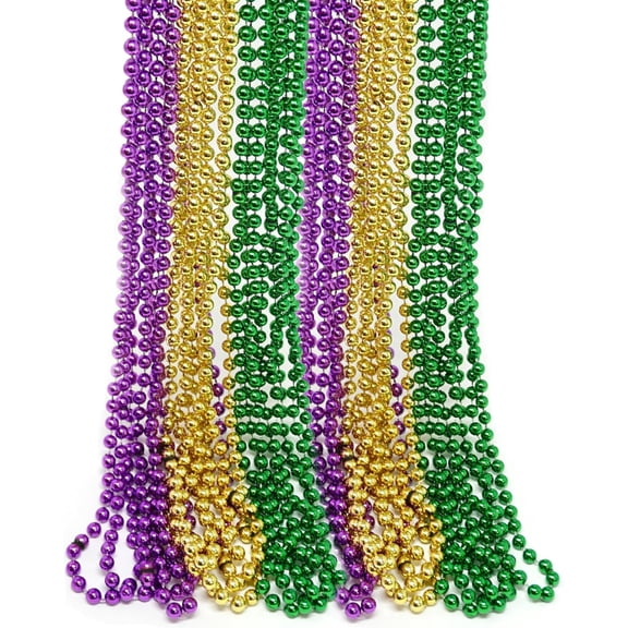 4E's Novelty Bulk 72 Mardi Gras Beads Necklaces Purple Green Gold, 33 Inches, Party Favors