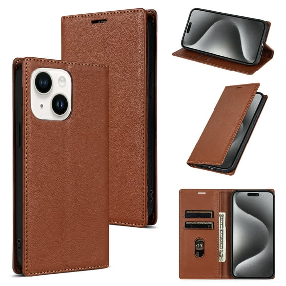 Feishell Wallet Case for iPhone 15, Premium PU Leather Magnetic Flip Kickstand Book Folio Full Body Case with RFID Blocking Credit Card Slots Shockproof Protective Phone Case,Brown