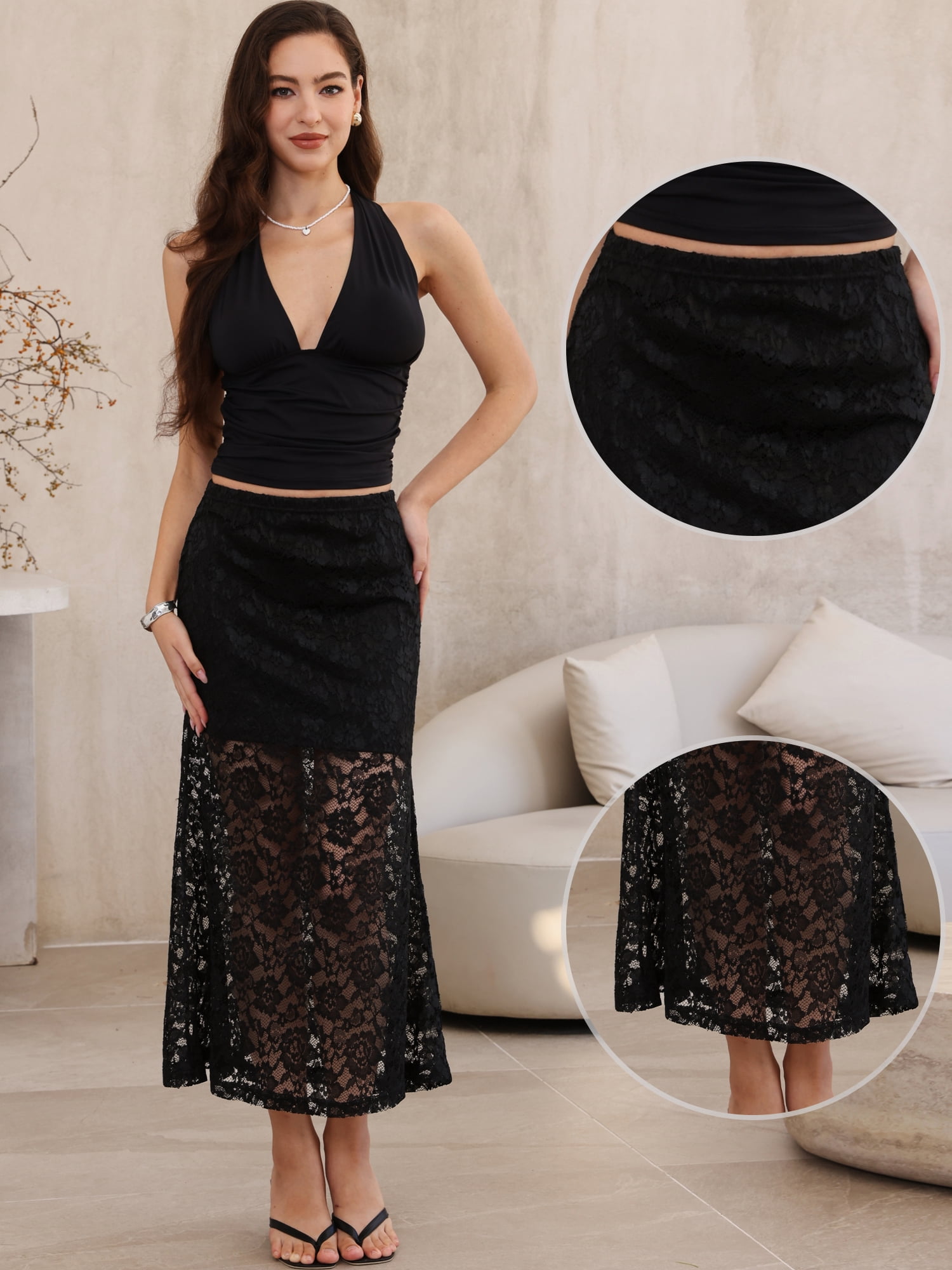 DARING DIVA Women's Elastic High Waisted Flowy Summer Long Skirts Large Black