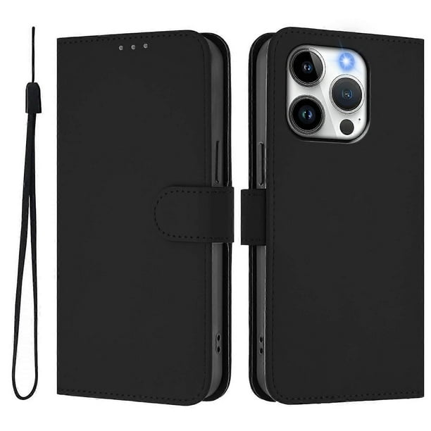 For iPhone 15 Pro Case Solid Color Wallet Leather Phone Cover with Strap - Black
