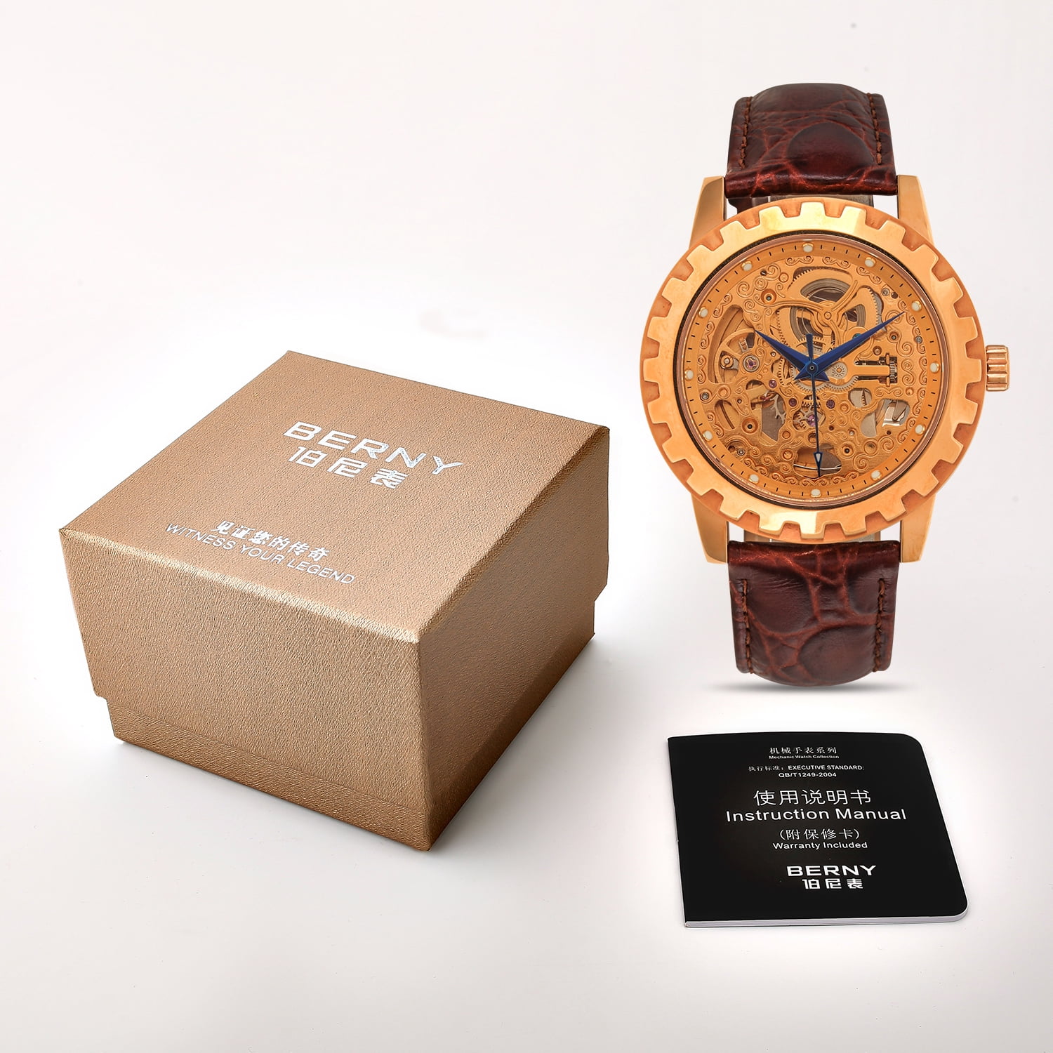 BERNY Automatic Watches for Men, Luxury Skeleton Mechanical Watch Self Winding Carved, Exhibition Caseback, Luminous, 5ATM Waterproof, Stainless Steel, Vintage Men's Leather Watch (Rose Gold)