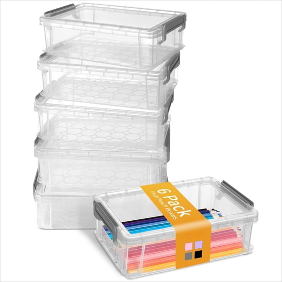 6-Piece Pencil Case Set, Plastic Pencil Case/Crayon Case, Transparent Marker Organizer with Lid, Stackable Storage Boxes
