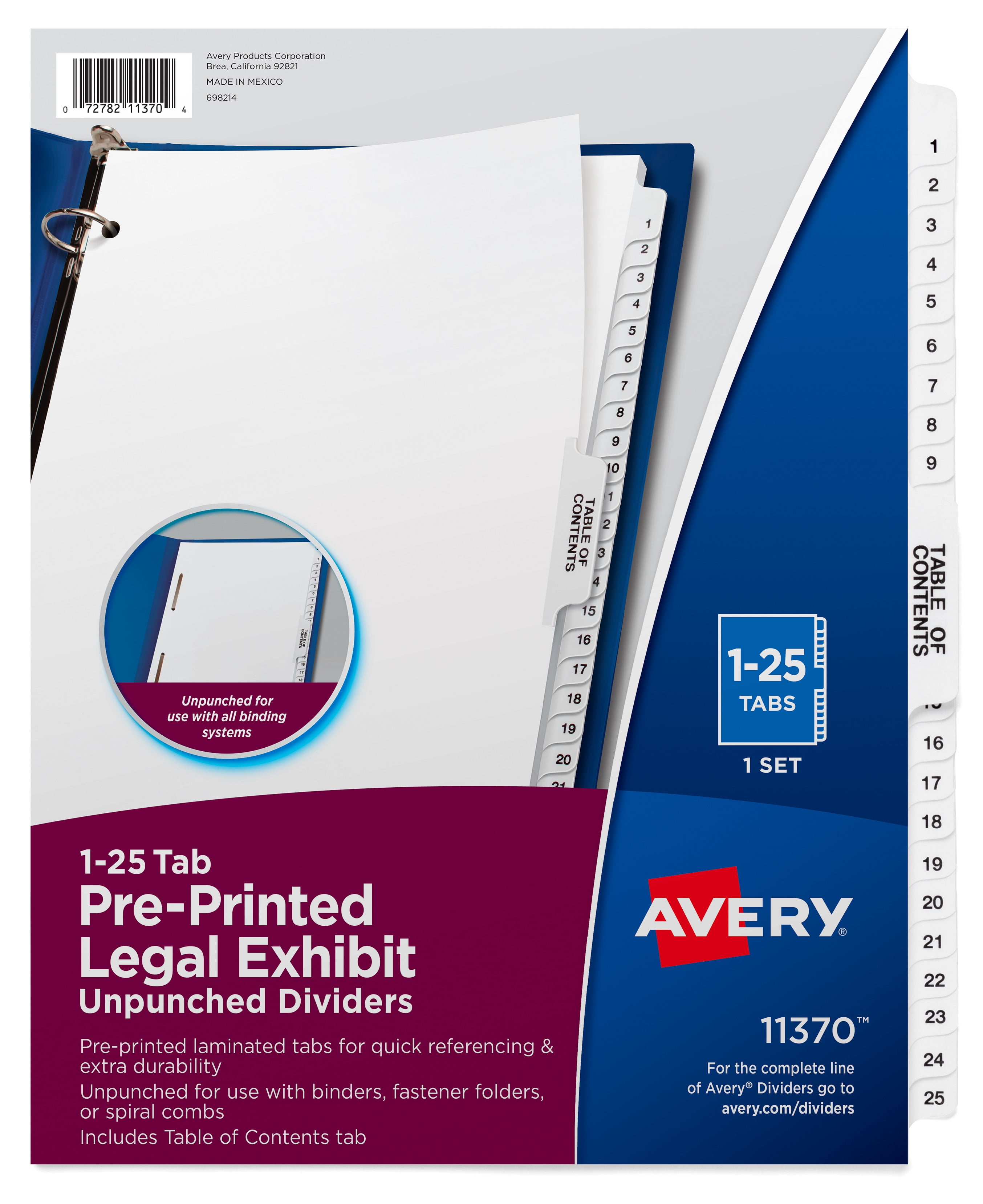 1-25 Numeric Index Tabs/Dividers Reinforced Collated Side Tabs 1 Box/10 Sets 