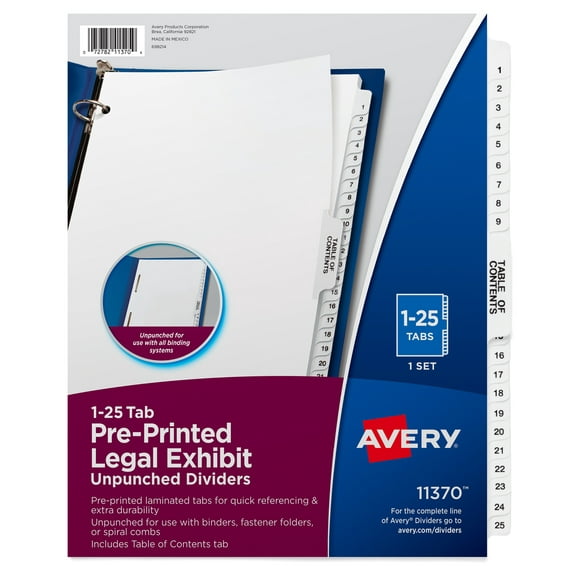 "Preprinted Legal Exhibit Side Tab Index Dividers, Avery Style, 25-Tab, 1 To 25, 11 X 8.5, White, 1 Set | Bundle of 5 Sets"