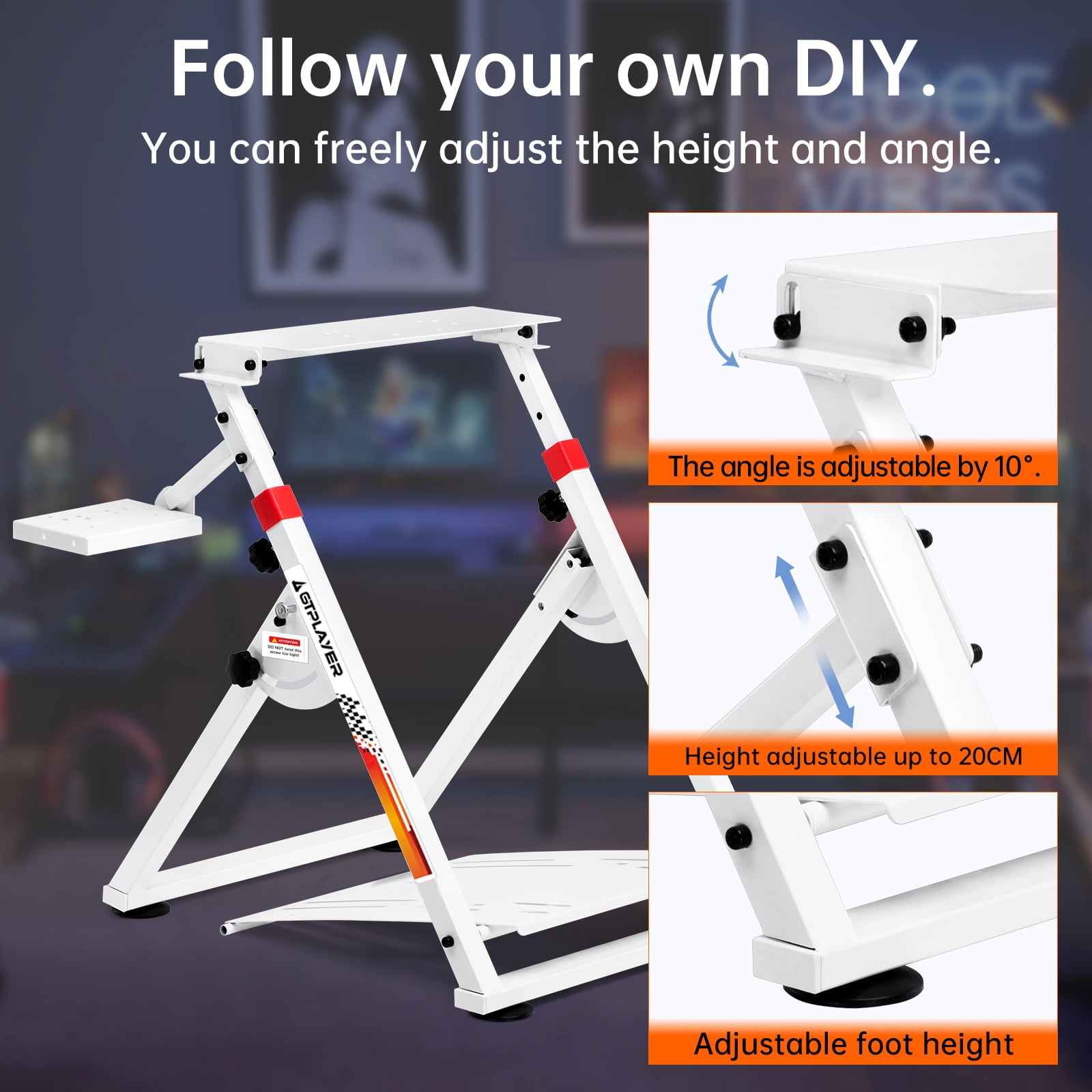 GTPLAYER Simulator Racing Wheel Stand for Logitech & Thrustmaster, Pedals NOT Included ,White(No cup holde)