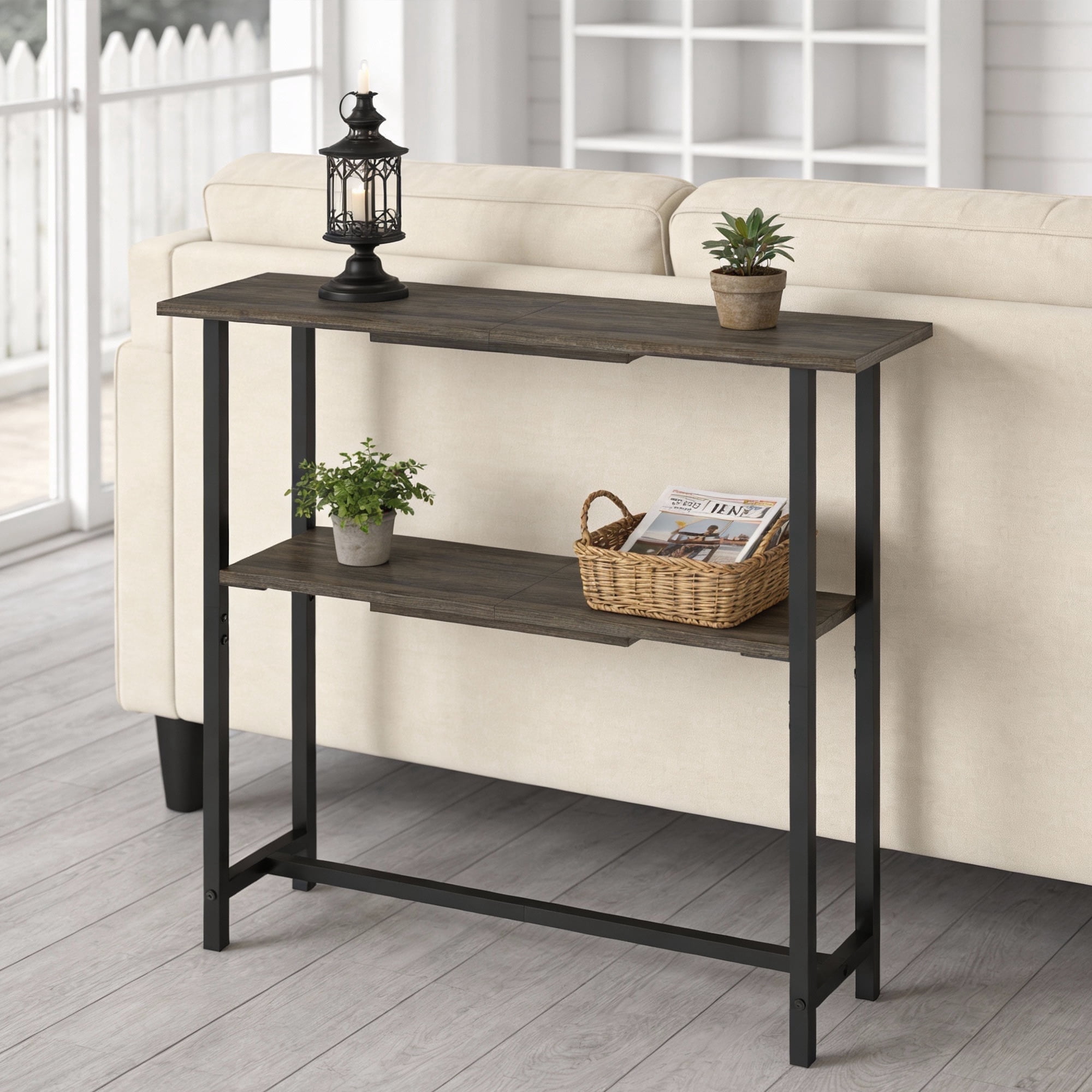 Manxile Modern Narrow Console Table, 2 Tier Storage Shelves Wooden Sofa Side Table, Gray Oak