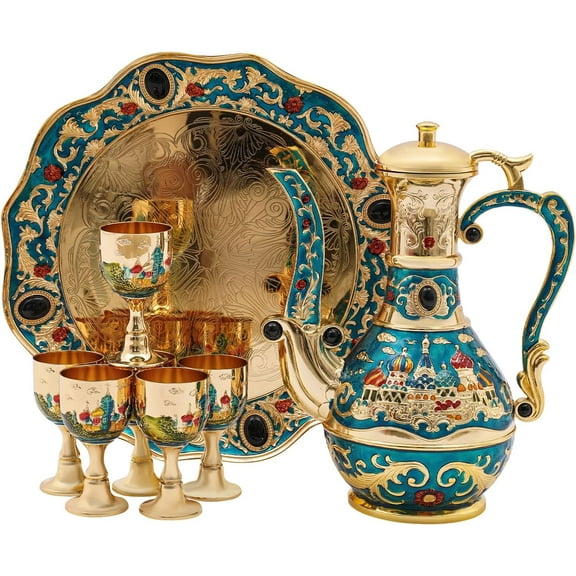 Vintage Coffee Tea Set 6 Pieces, 27.05Oz Teapot & 1.69Oz Teacups, European Ceramic Tea Set , Crafts Teapot and Cup Set, Women Flower Tea Set Tea Service Set for Tea Table Decor (Gold Blue)