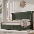 thumbnail image 2 of Hiphuta Modern Queen Size Corduroy Upholstered Bed Frame, LED Platform Bed Frame with 55"H Vertical Stripe Tufted Corduroy Velvet Wingback Headboard, Green, 2 of 8