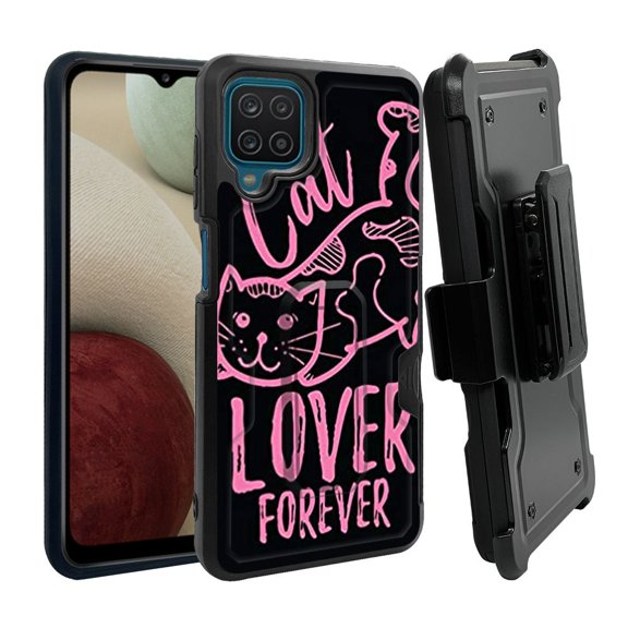 ANJ  Rugged Dual Layer Shockproof Holster Case w/Card Slot, Kickstand   Tempered Glass for Samsung Galaxy A12 - Cat Lover