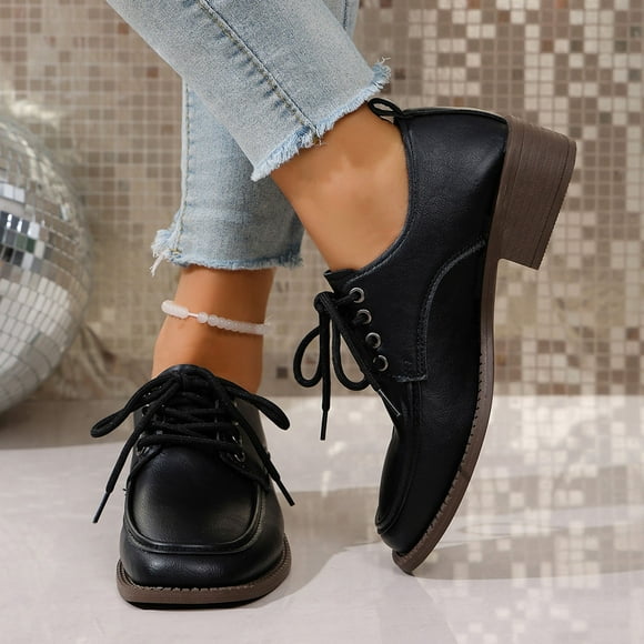 Cameland Women's Fashionable And Casual Four-Season Comfortable Loafers Solid Color Square Toe Front Lace-Up Thick Heel Low Heels