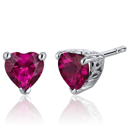 Heart Shaped Ruby Earrings - 2.00 Ct Heart Shape Ruby Sterling Silver Stud Earrings Rhodium Finish