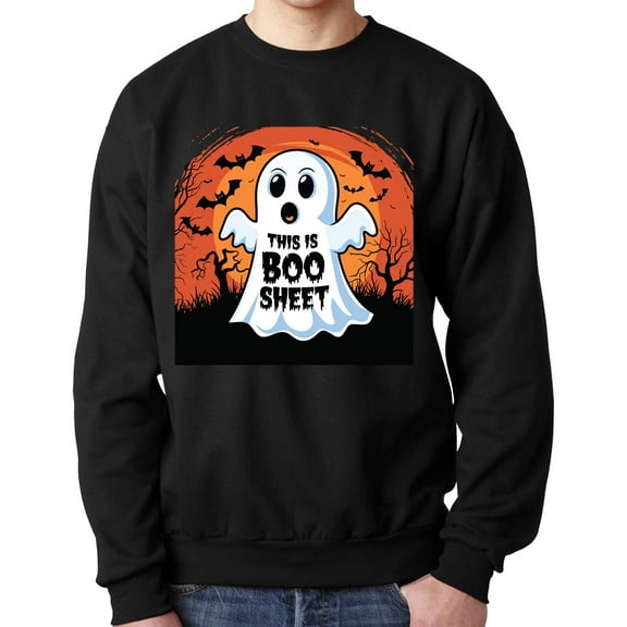 Halloween Crewneck Sweatshirt for Men - Black, Fleece Cozy 8oz 50/50 Cotton/Polyester Heavy Blend Sweater Bhoo Sheet Funny Ghost Sweatshirt, Size S