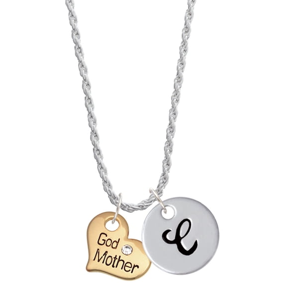 Delight Jewelry Goldtone Large Godmother Heart with Crystal - Silvertone Script Initial Disc - C - Charm Necklace, 20"+3"