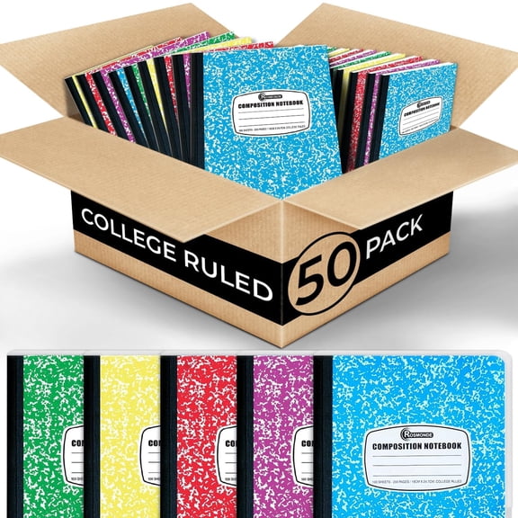 Rosmonde Composition Notebooks Bulk, 50 Pack, College Ruled, 200 Pages (100 Sheets), 9.75 x 7.5 in, Hard Cover Binding, Back to School Supplies, Bulk Notebooks for School & Office Use