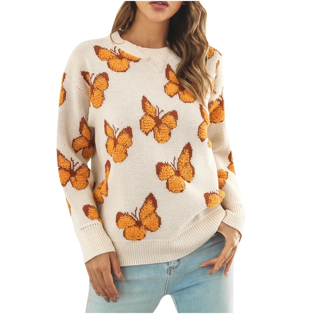 Mrat Chandails pour Femmes pour l'Automne Chandail à Manches Longues Col Rond Boutonné Chandail Décontracté Hauts Chandail d'Automne pour Femmes P-57 Jaune m