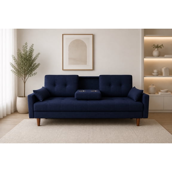 Sofá Cama Reclinable El Bazar Store Cancún Lino Azul Marino Brazos Separados Respaldo Abatible