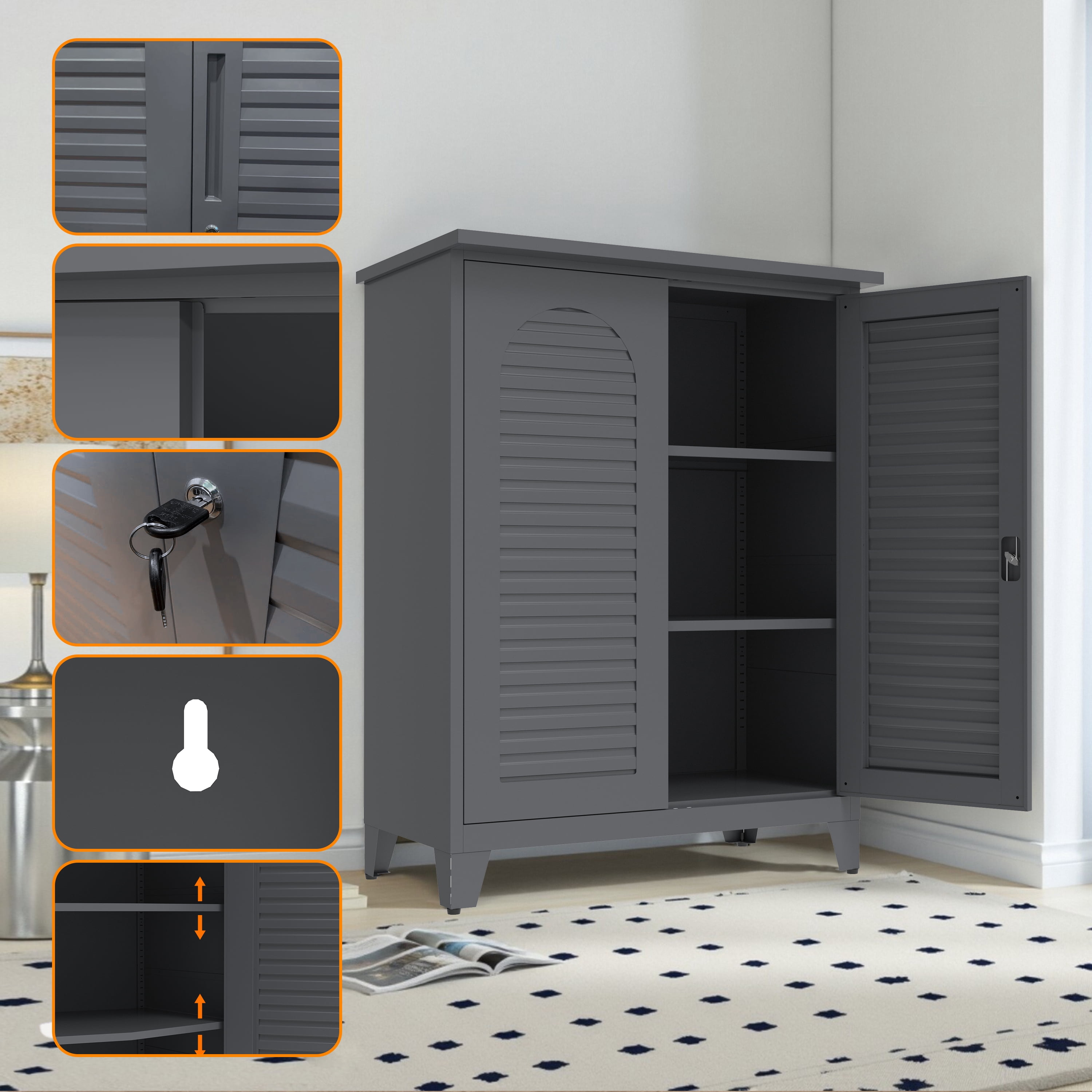 AISWORD 47" Tall Metal Outdoor Storage Cabinet, Heavy-Duty Waterproof Garden Sheds & Outdoor Storage with Lock, Tool Storage Cabinet & Broom Closet for Garage, Patio, Black