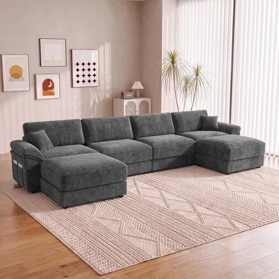 150" U-Shaped Modular Sectional Sofa with Chaise, Cloud Couch, Deep Seat Convertible Sofa, Chenille Fabric, Oversized Living Room Sofa with Ottoman, Thick Cushions, No Assembly Required