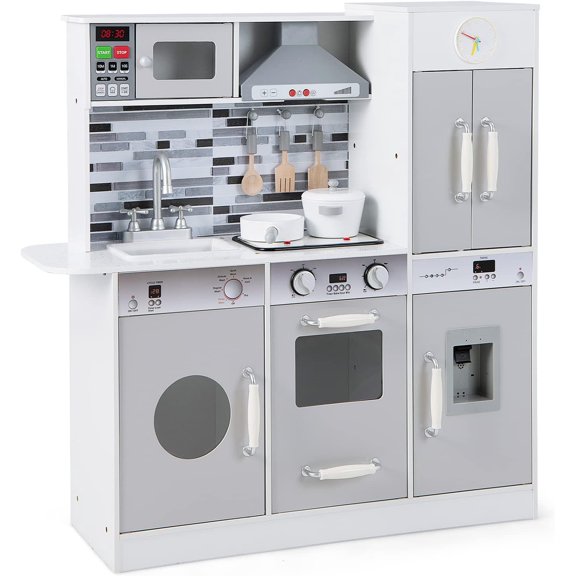 OLAKIDS Kid Kitchen Playset, Pretend Wooden Toddler Kitchen Toy Set with Realistic Light & Sound, Pots & Pan, Microwave, Sink, Children Pretend Cooking Set with Accessories for Ages 3  Boys& Girls