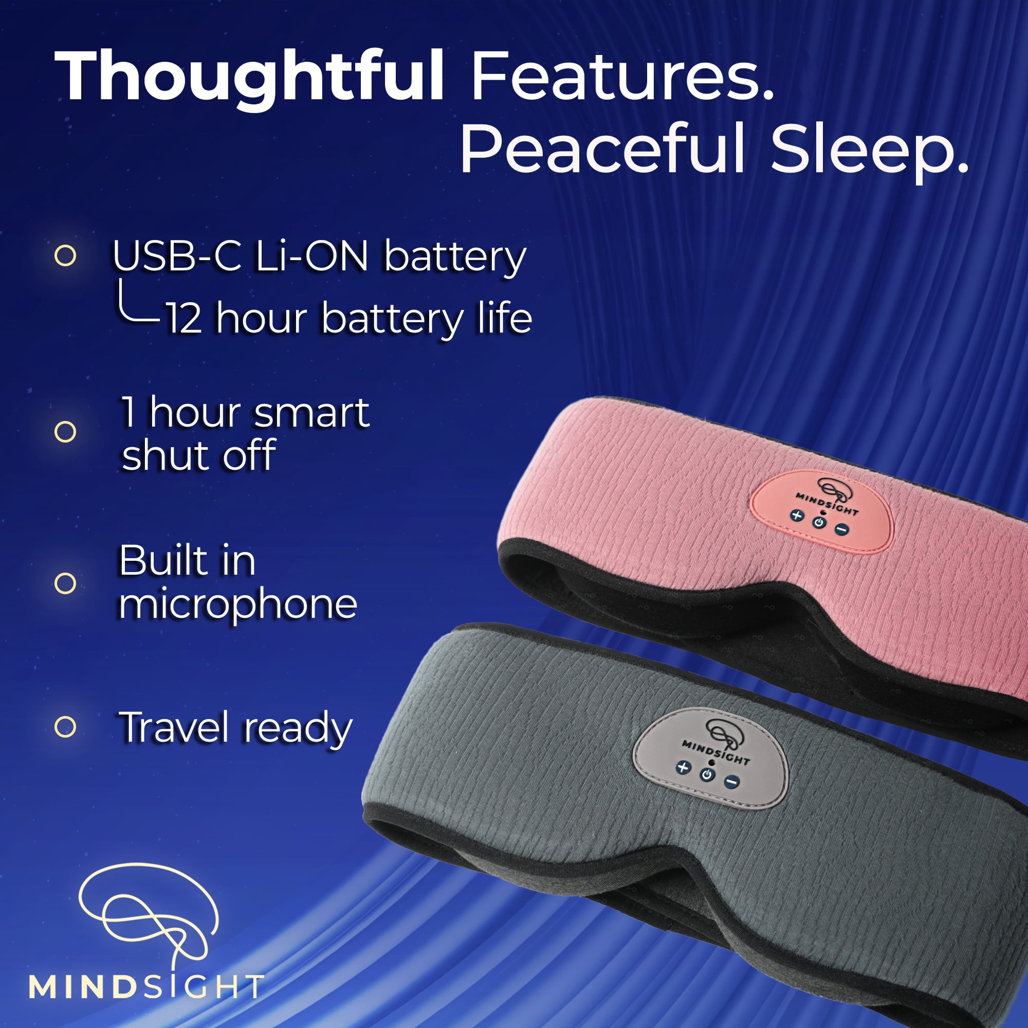 Mindsight DriftBand Sleep Mask with Bluetooth Headphones, Blackout Eye Mask with Memory Foam, Adjustable Ultra Thin Speakers, Rechargeable for Sleep and Travel