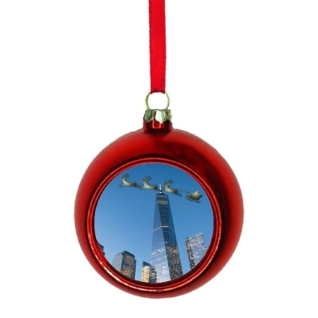 Santa Klaus and Sleigh Riding Over The World Trade Center NYC Bauble Christmas Ornaments Red Bauble Tree Xmas