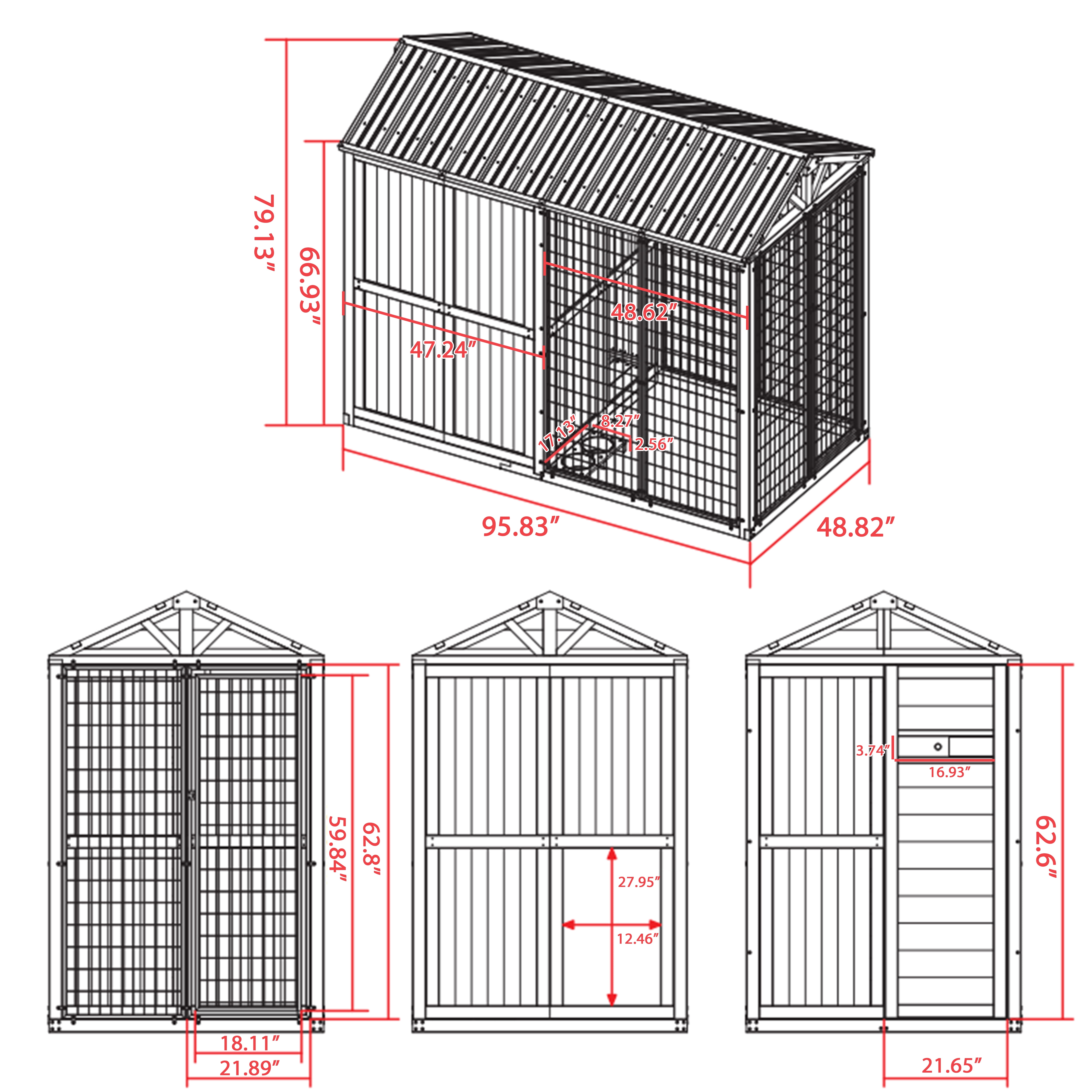 VEIKOUS 8' x 4' Large Outdoor Dog Kennel, Walk-in Partition Design Dog House with Double Doors & Observation Window, Pet Shelter with Waterproof Roof, Stainless Steel Bowls for Large Breeds