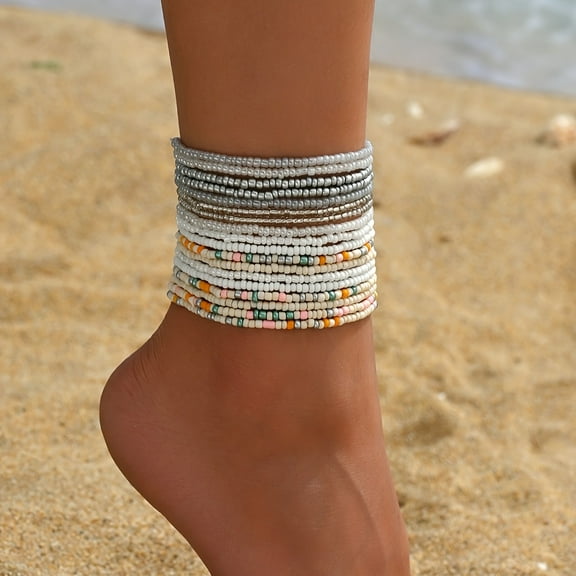 JUSIP 18pcs Bohemian Gradient Beaded Anklet Set, Handmade Colorful Bead Ankle Bracelets for Party and Music Festival Beach Accessories