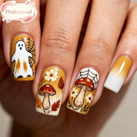 24Pcs Fall Halloween Press On Nails Short Square, Yellow Glossy Full Cover Fake Nails, Reusable Acrylic Stick On False Nails for Women Girls Autumn Thanksgiving Party Daily DIY Manicure Gift