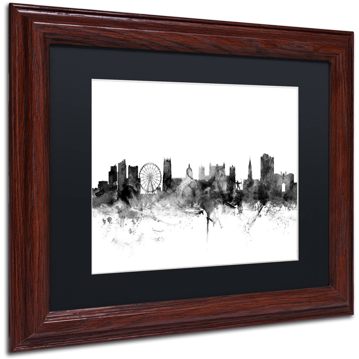 Trademark Fine Art "Nottingham England Skyline B&W" Canvas Art by Michael Tompsett, Black Matte, Wood Frame