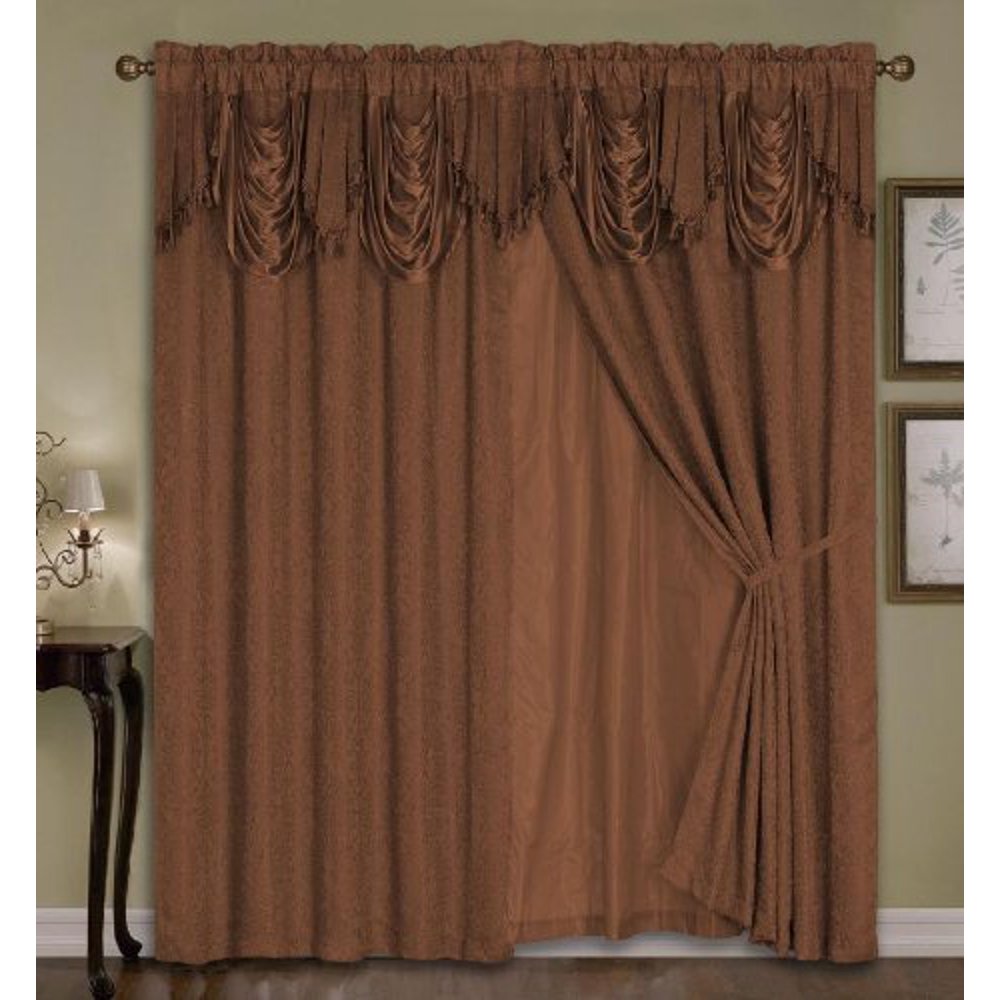 Luxury Embroidered Curtain Set. 4 Piece Coffee Brown Drapes with